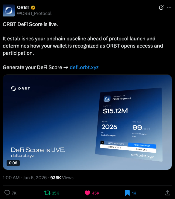 ORBT DeFi Score launch post on X